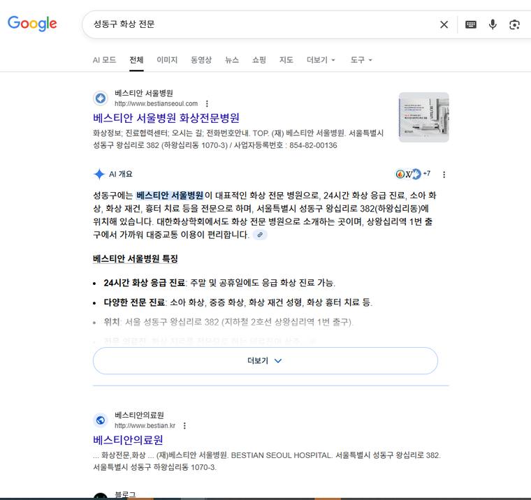 베스티안서울병원 — Google «성동구 화상 전문» 결과 캡처
