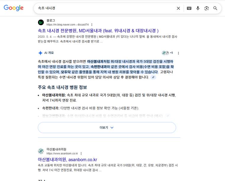 아산봄내과 — Google에서 «속초 내시경» 검색 결과 캡처