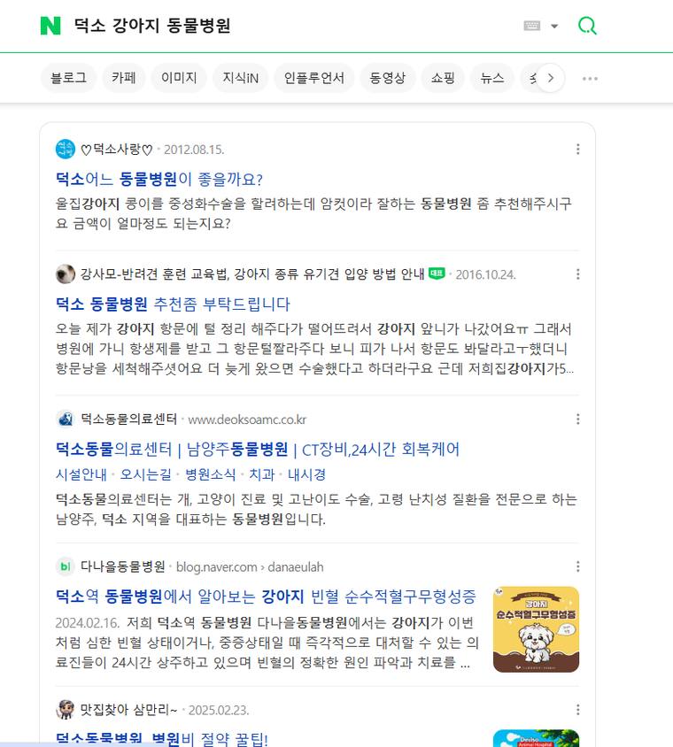 덕소동물병원 — Naver에서 «덕소 강아지 동물병원» 검색 결과 캡처