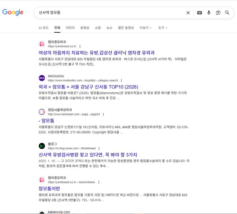 염차경유외과 — Google에서 «신사역 맘모톰» 검색 결과 캡처