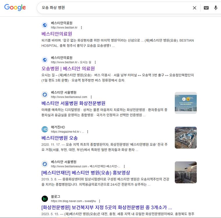 베스티안오송 — Google에서 «오송 화상 병원» 검색 결과 캡처