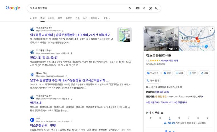 덕소동물병원 — Google에서 «덕소역 동물병원» 검색 결과 캡처