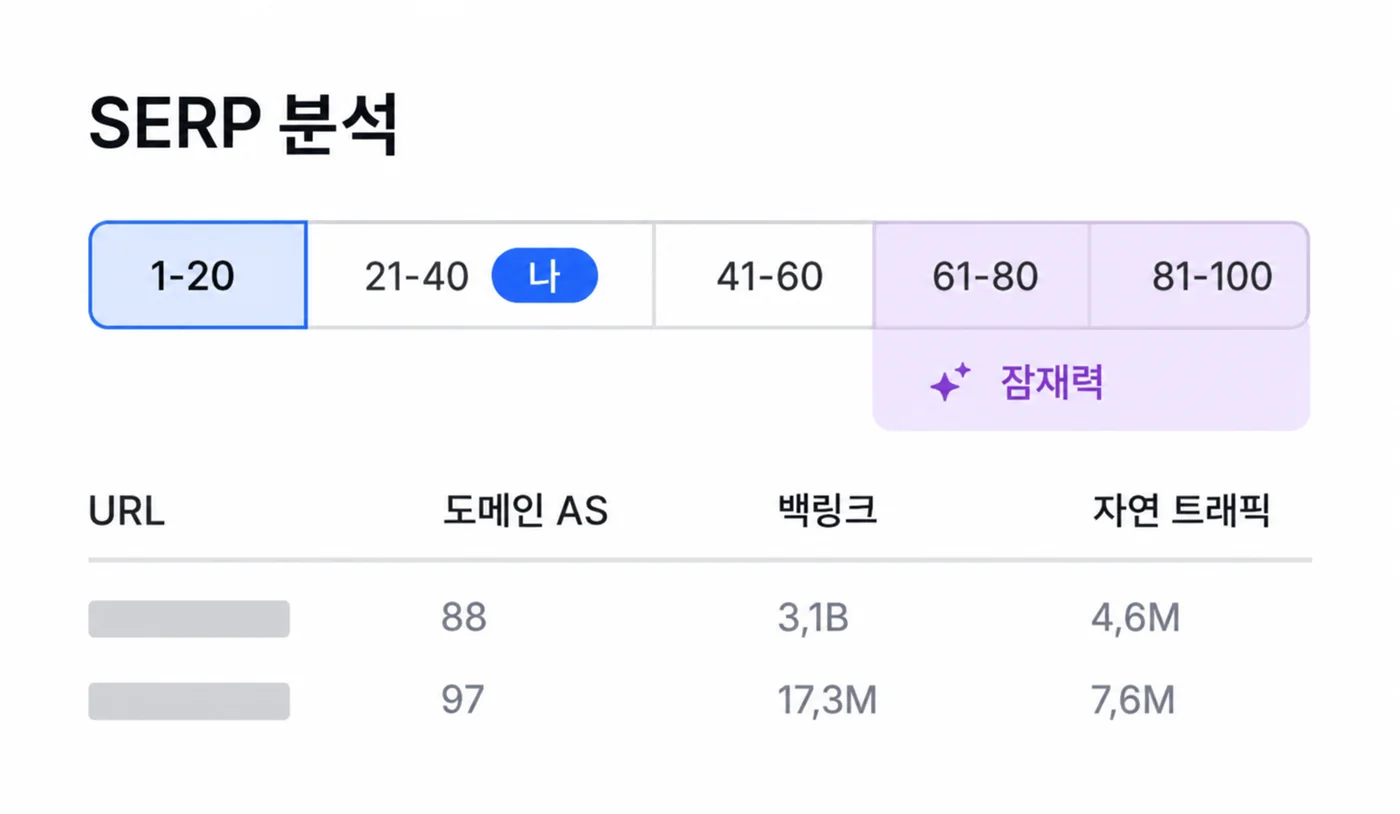 SERP 분석 — 검색 결과 1~100위 구간별 경쟁 URL과 우리 위치