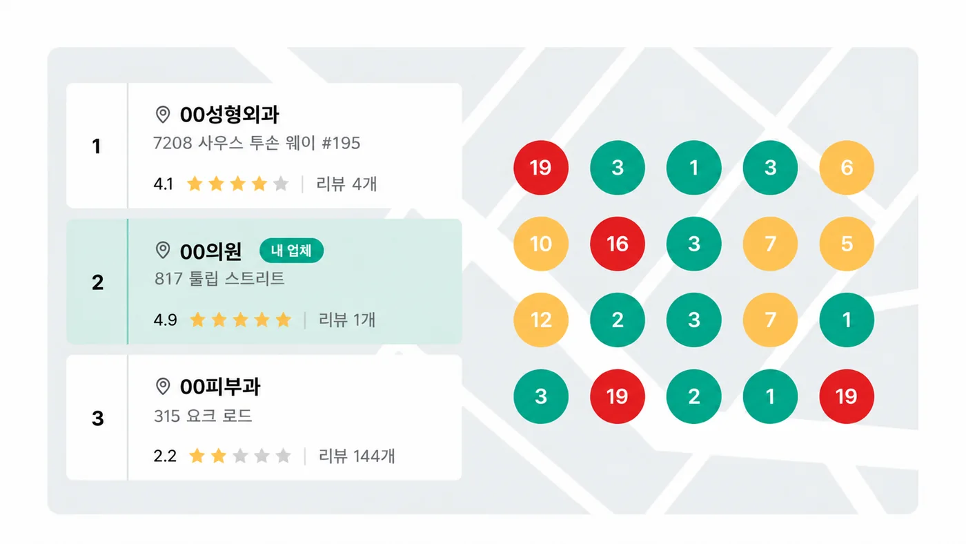 지역 병원 검색 순위 지도 — 위치별 순위 격자와 상위 병원 목록(성형외과·의원·피부과)