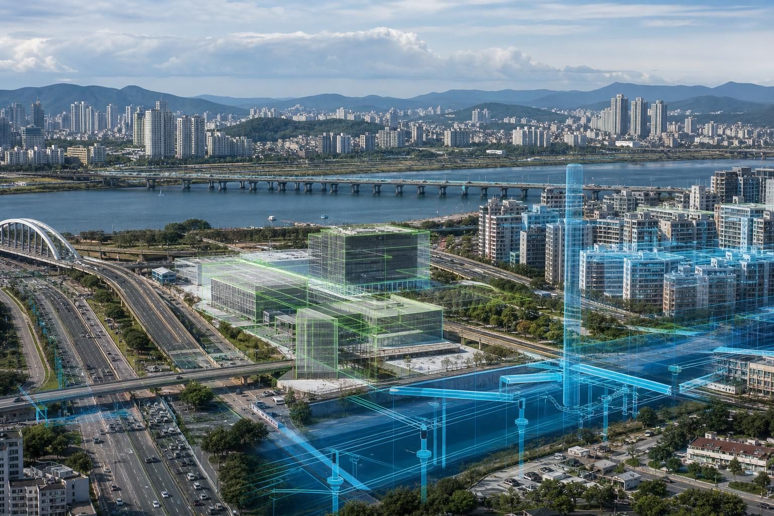 평면 지도가 입체 도시 데이터로 바뀌는 일러스트