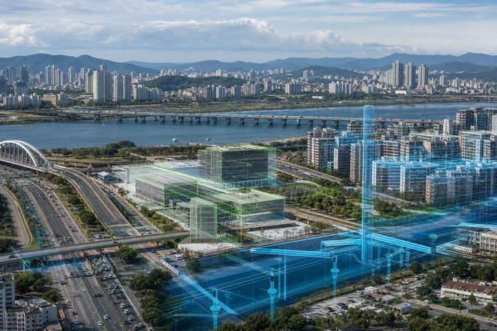평면 지도가 입체 도시 데이터로 바뀌는 일러스트
