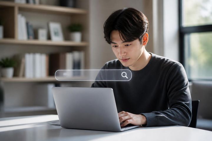 검색창에 문장형 질문을 입력하는 화면 일러스트