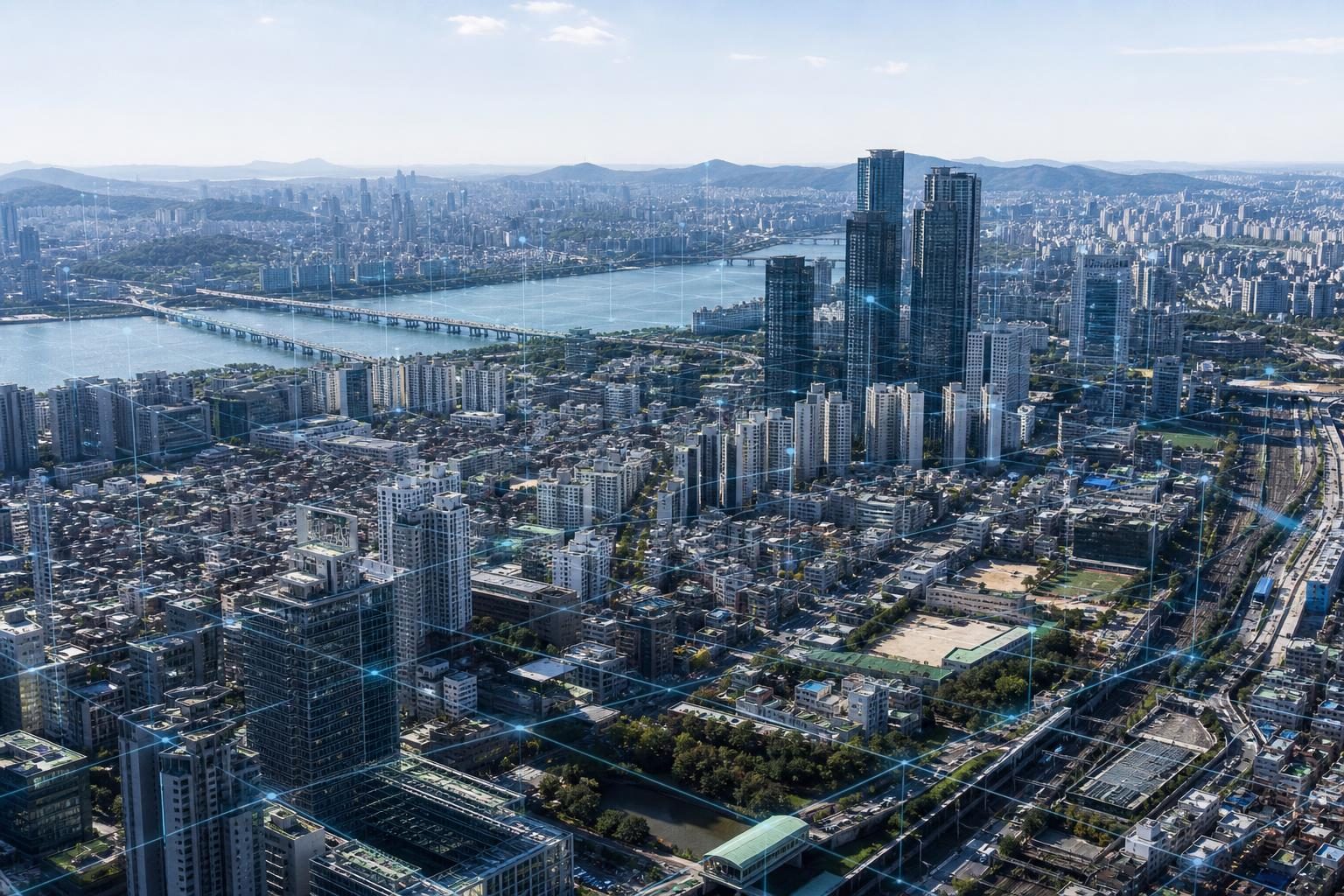 입체 도시 데이터를 학습하는 AI 모델 일러스트