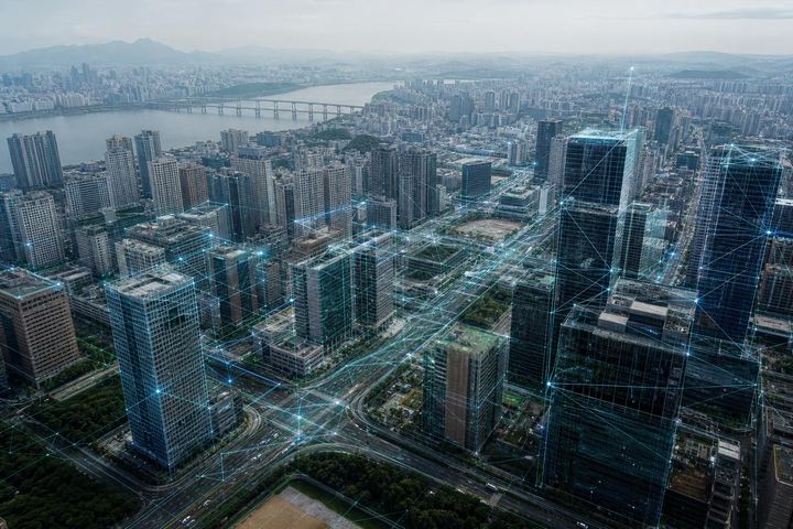 옛 지도와 3차원 디지털 도시가 겹쳐진 일러스트