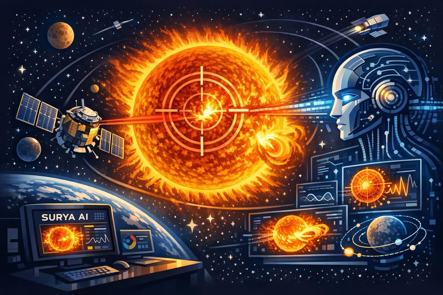 태양을 관측하는 위성과 AI 분석 화면 일러스트