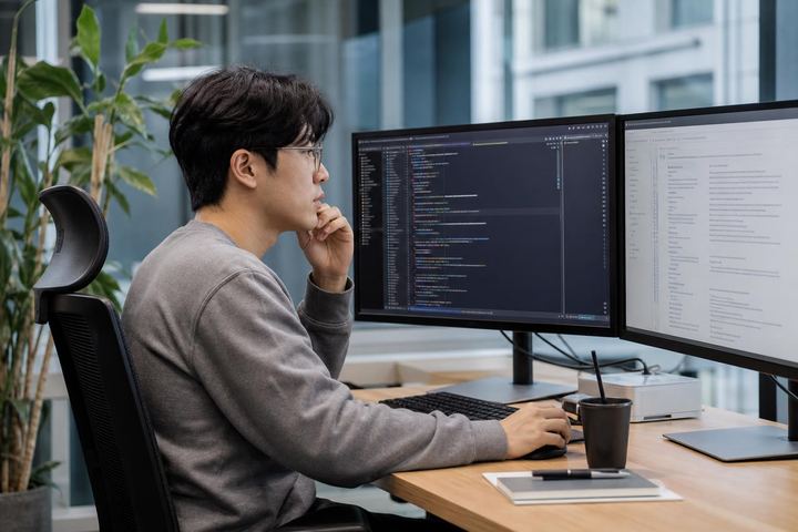 코드 편집기 옆에 웹 검색창이 열린 AI 개발 화면