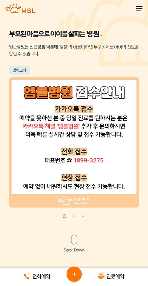 엠블병원 홈페이지 화면 (전체 페이지)