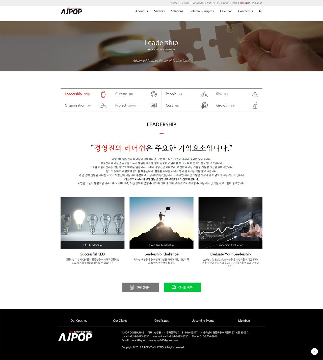 AJPOP 컨설팅 홈페이지 화면