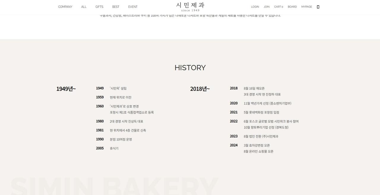 시민제과 홈페이지 화면