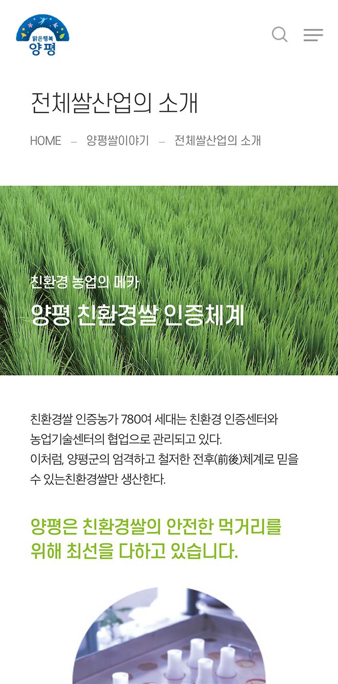 양평친환경쌀사업단 홈페이지 화면 (전체 페이지)